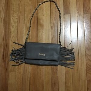 BCBG Taupe Side Fold Over Fringe Purse